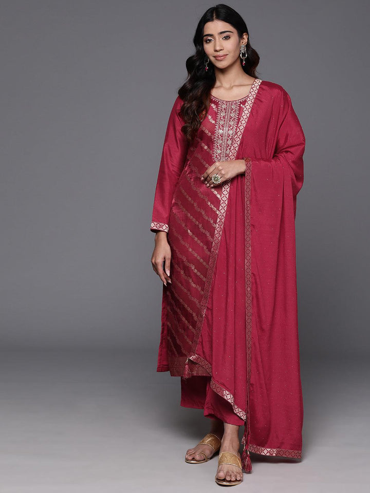 Red Woven Design Silk Blend Straight Suit With Dupatta