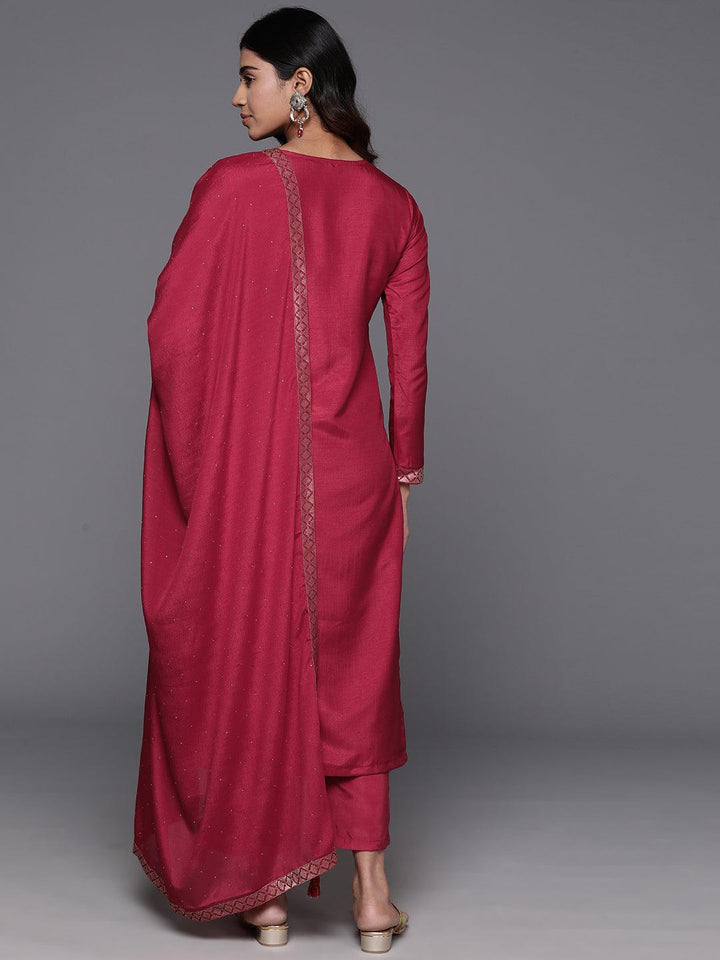 Red Woven Design Silk Blend Straight Suit With Dupatta