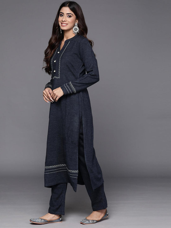 Grey Yoke Design Wool Straight Kurta Set