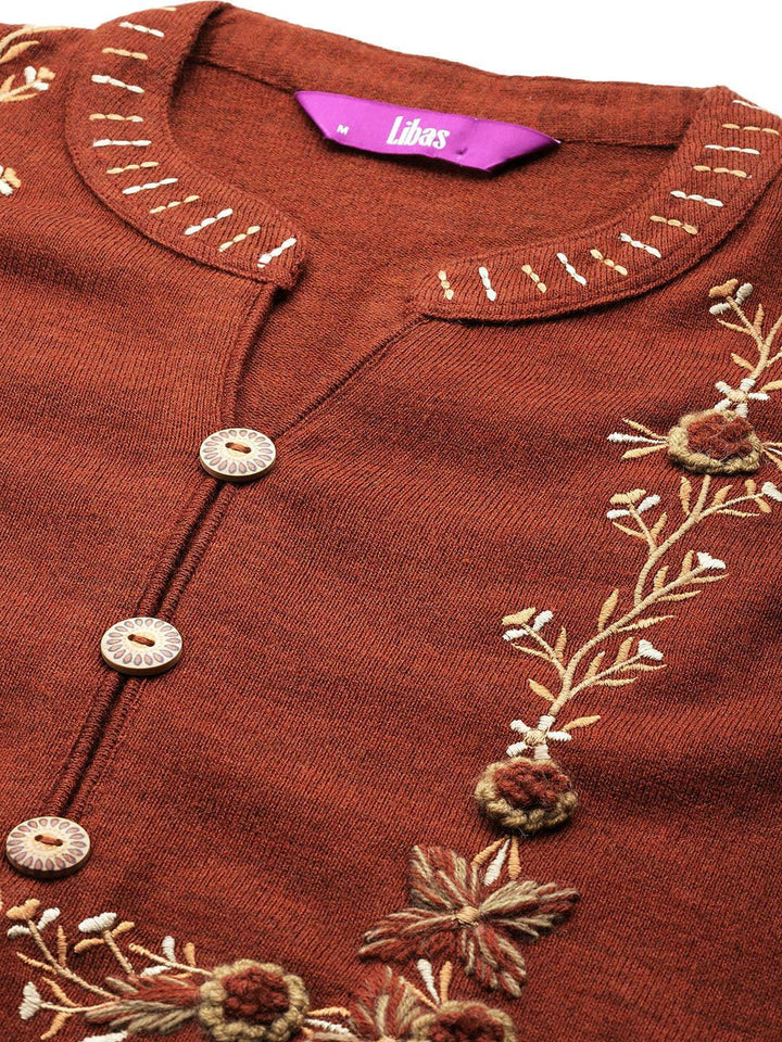 Rust Yoke Design Wool Straight Kurta Set