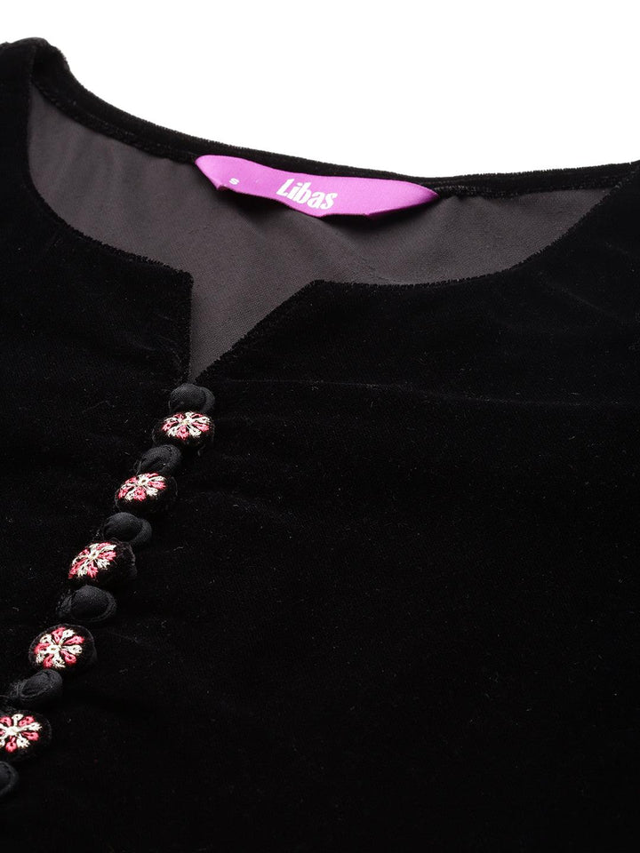 Black Solid Velvet Straight Suit With Dupatta