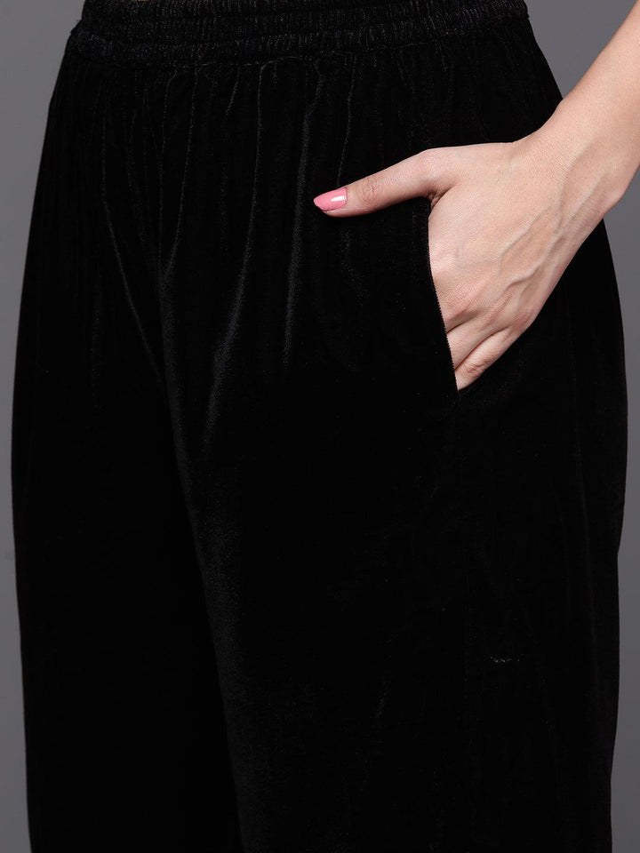 Black Solid Velvet Straight Suit With Dupatta