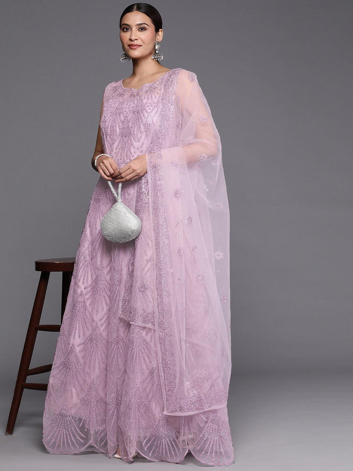 Libas Art Mauve Embellished Net Gown Dress With Dupatta