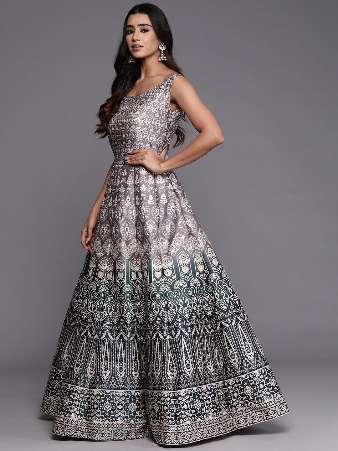 Libas Art Green Printed Silk Gown Dress - ShopLibas