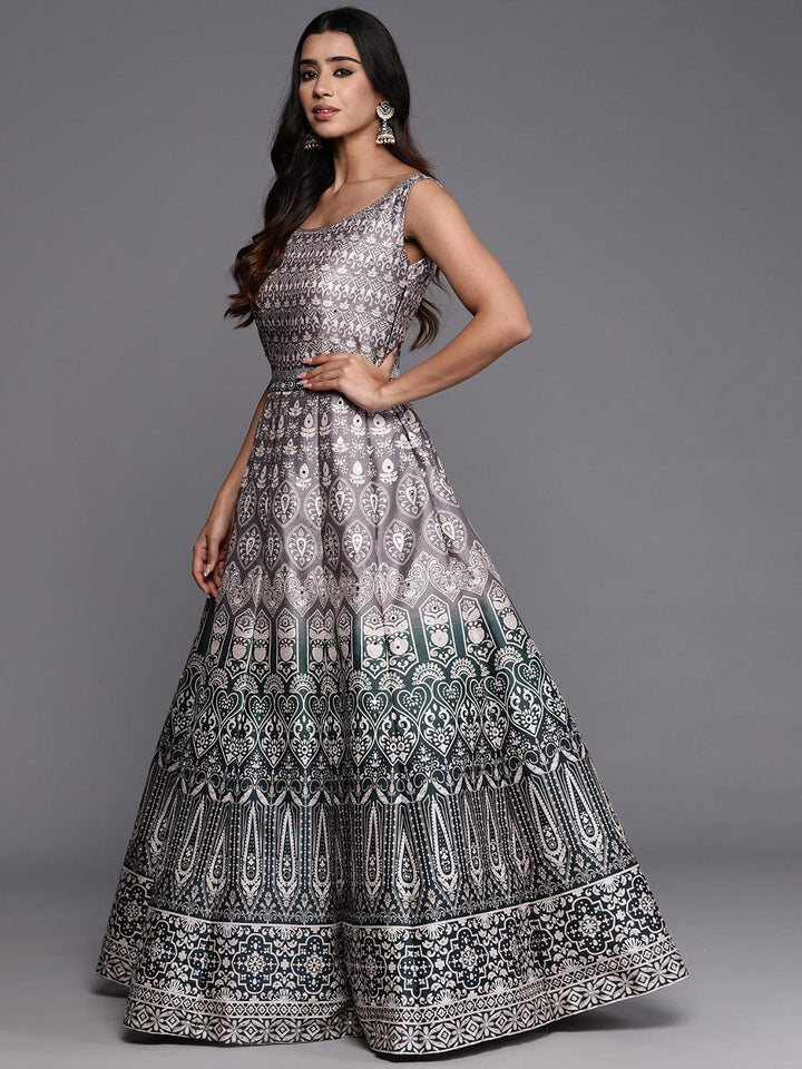 Libas Art Green Printed Silk Gown Dress With Dupatta