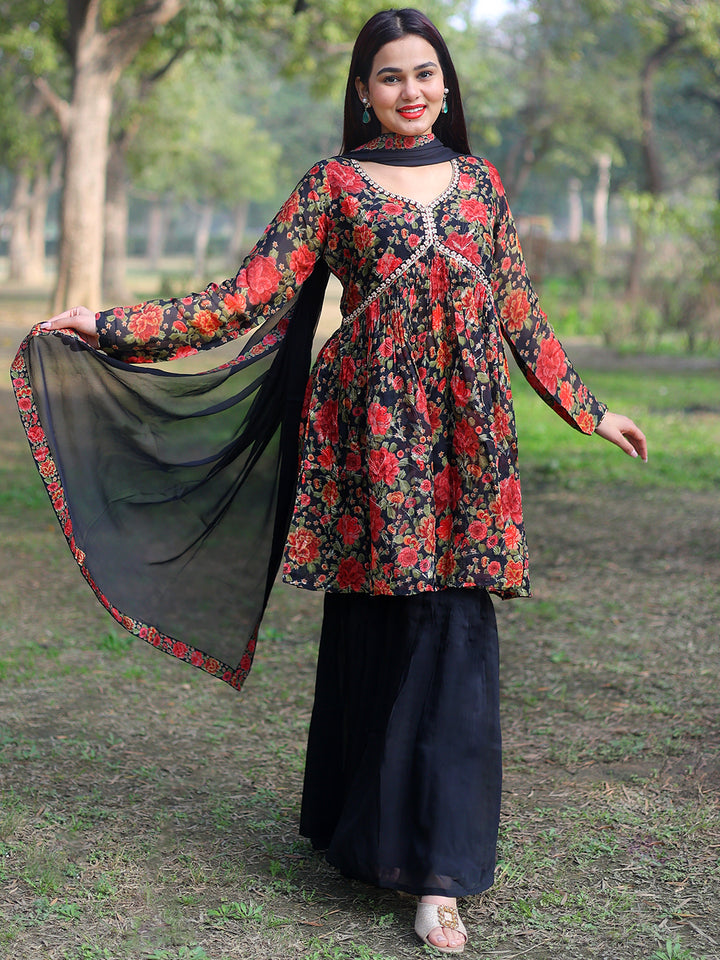 Black Printed Organza A-Line Kurta With Sharara & Dupatta