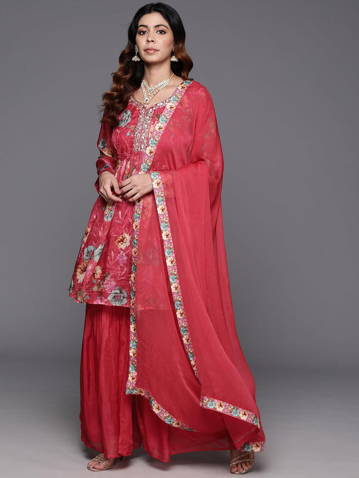 Coral Printed Organza A-Line Kurta With Sharara & Dupatta