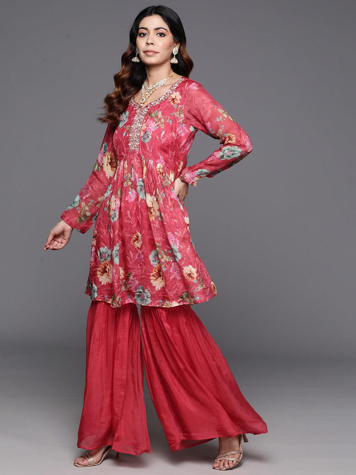 Coral Printed Organza A-Line Kurta With Sharara & Dupatta