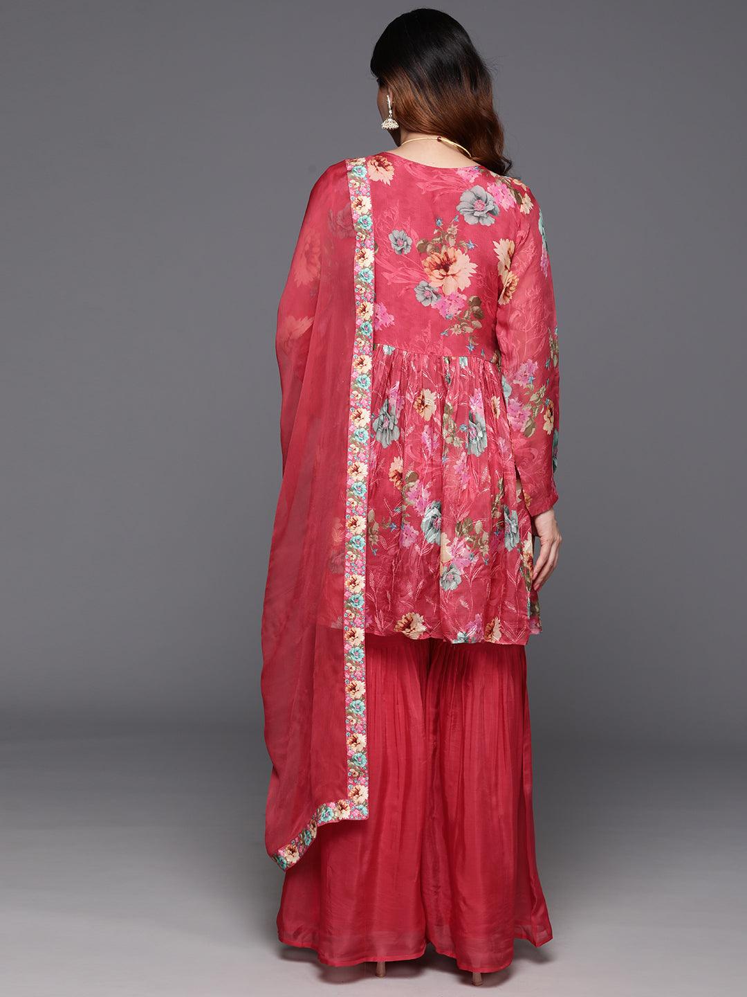 Coral Printed Organza A-Line Kurta With Sharara & Dupatta - ShopLibas
