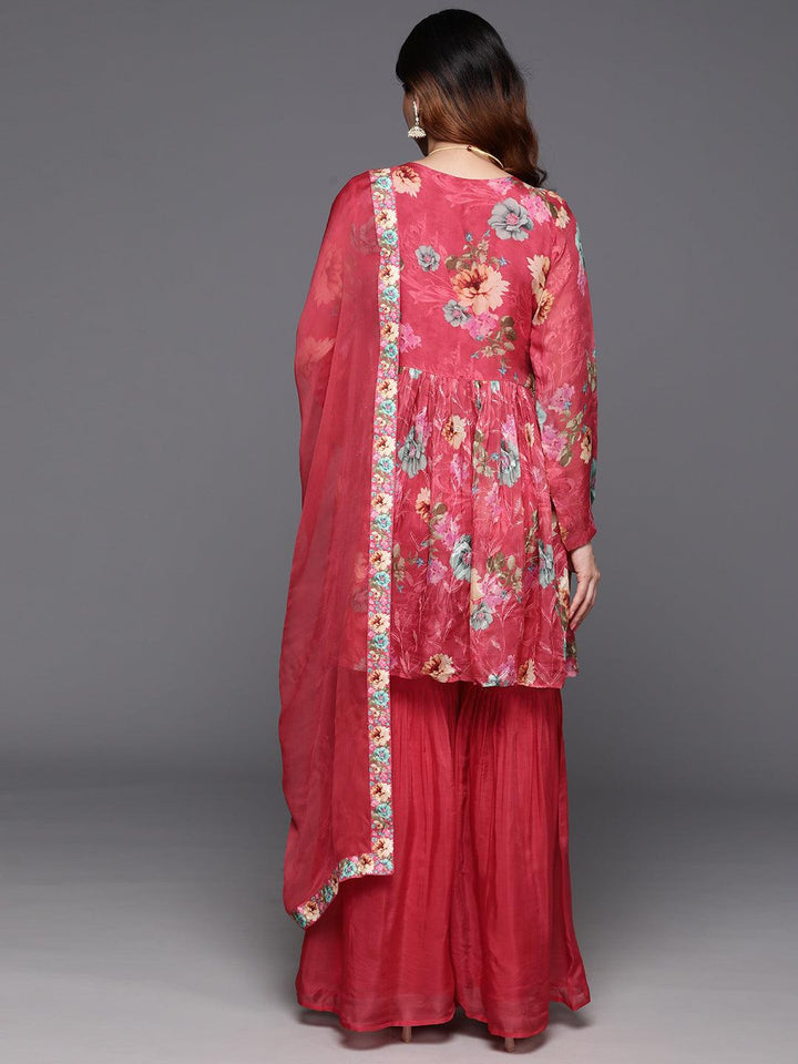 Coral Printed Organza A-Line Kurta With Sharara & Dupatta