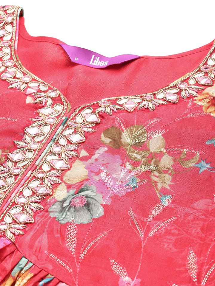 Coral Printed Organza A-Line Kurta With Sharara & Dupatta