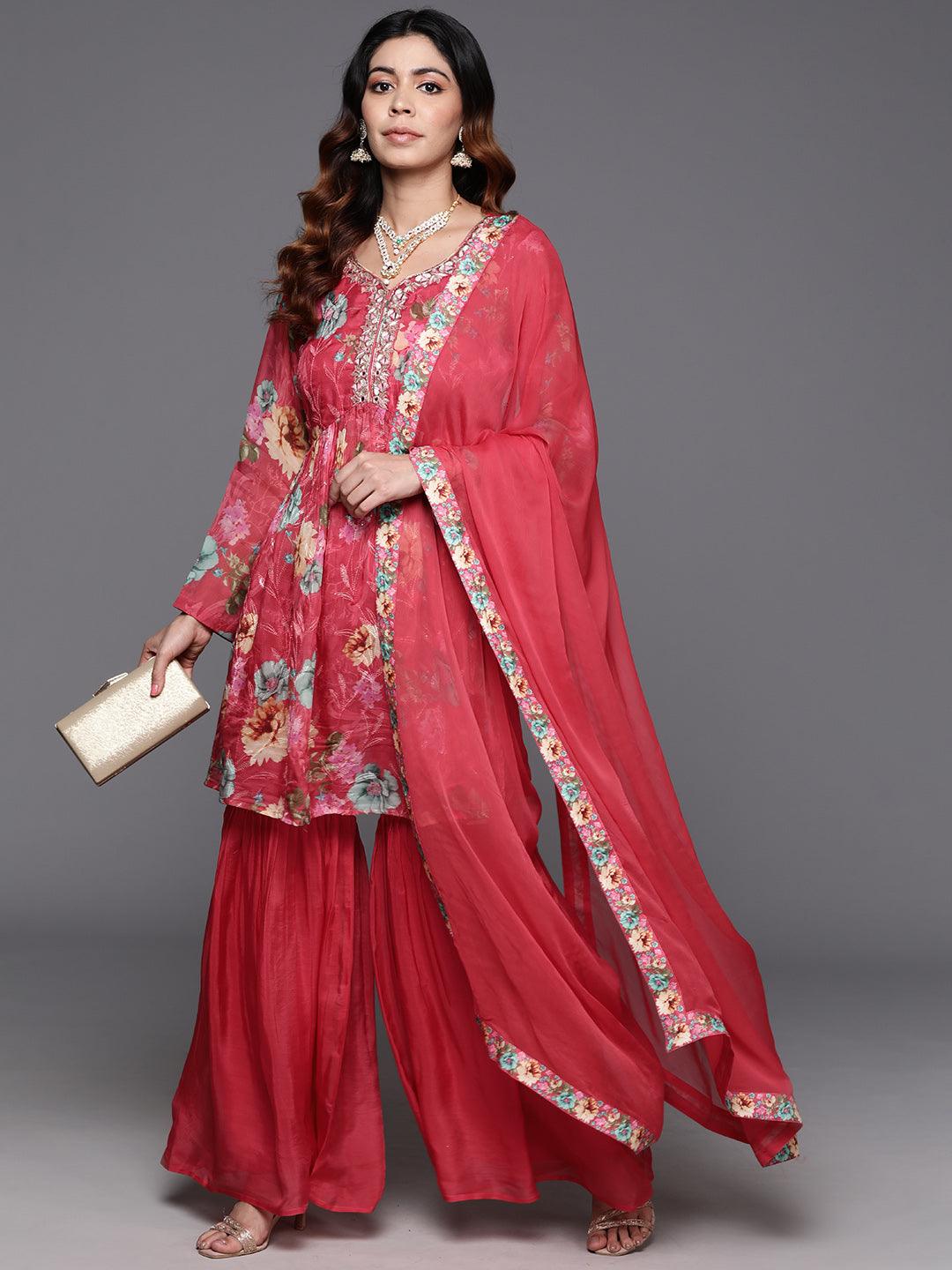 Coral Printed Organza A-Line Kurta With Sharara & Dupatta - ShopLibas