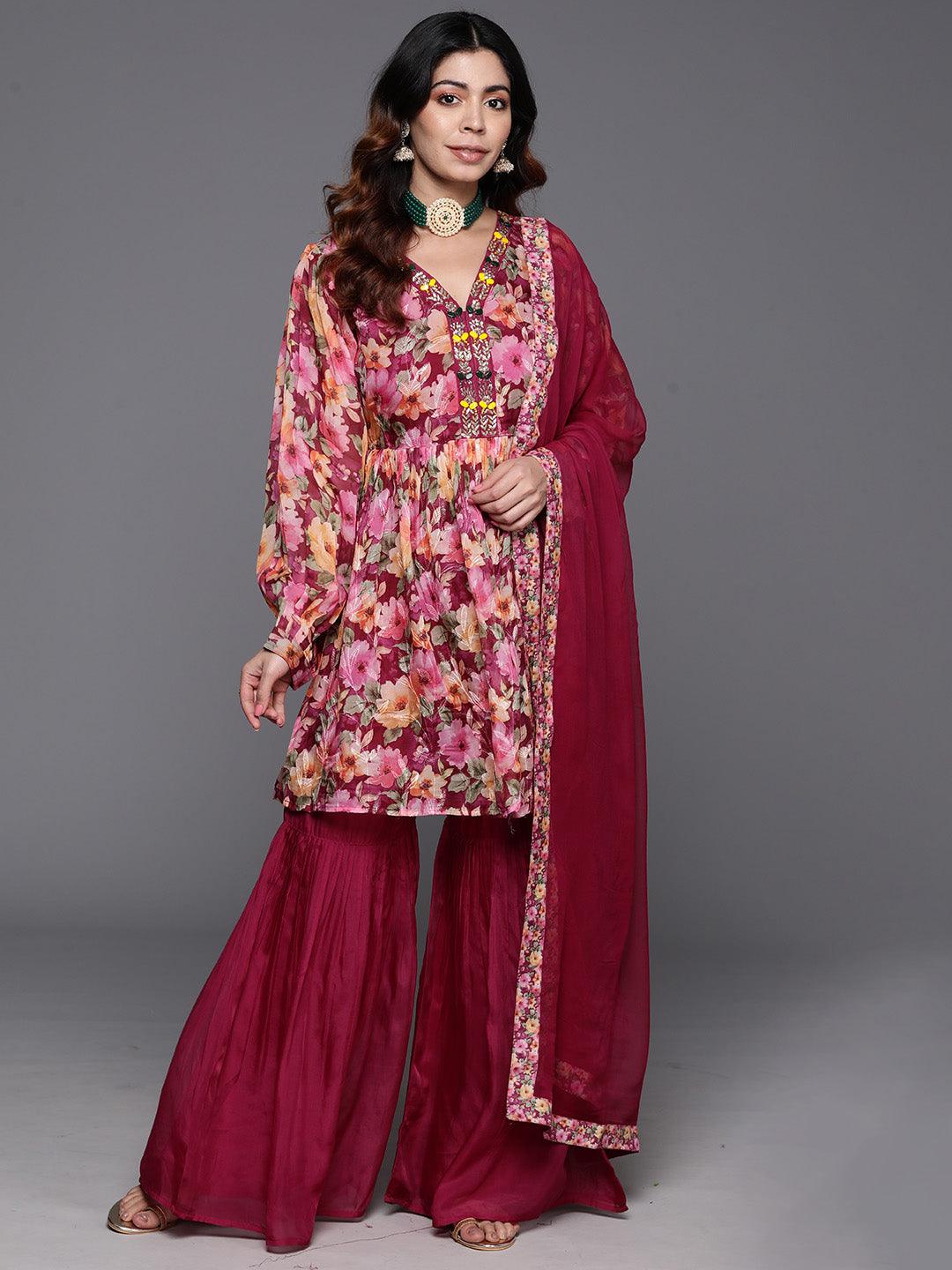Maroon Printed Organza A-Line Kurta With Sharara & Dupatta - ShopLibas