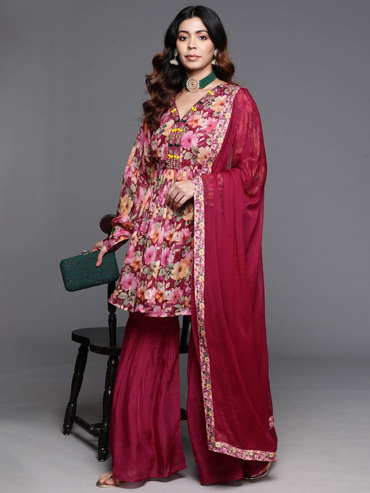 Maroon Printed Organza A-Line Kurta With Sharara & Dupatta