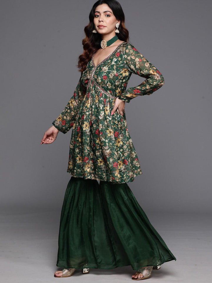 Green Printed Organza A-Line Kurta With Sharara & Dupatta