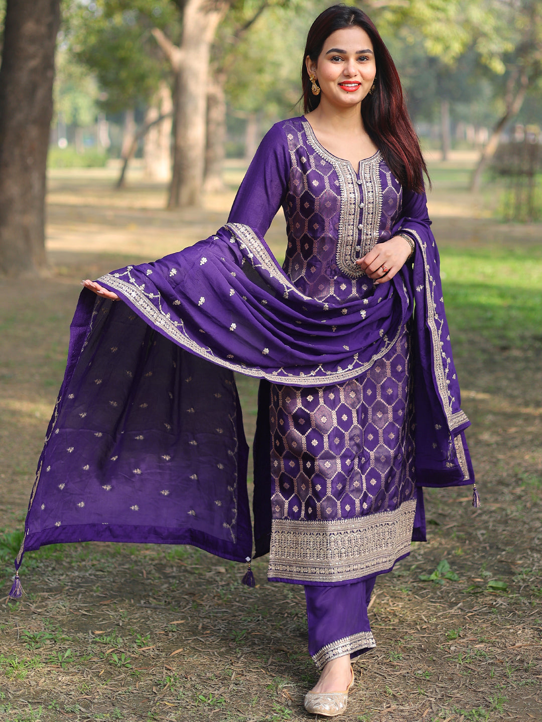 Purple Woven Design Silk Blend Straight Suit Set