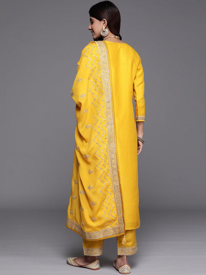 Yellow Woven Design Silk Blend Straight Suit With Dupatta