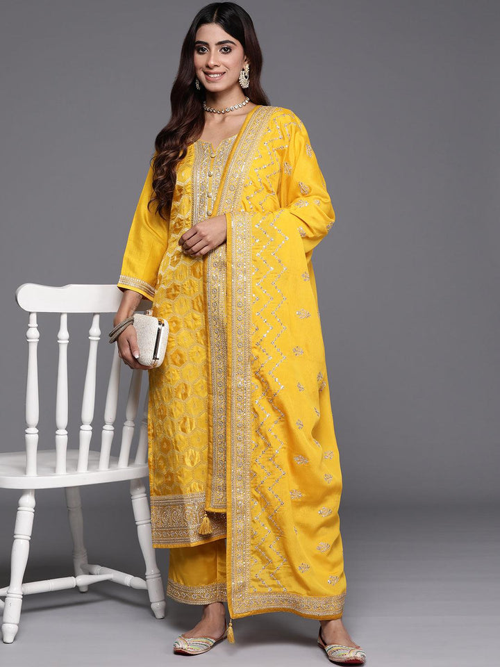 Yellow Woven Design Silk Blend Straight Suit With Dupatta