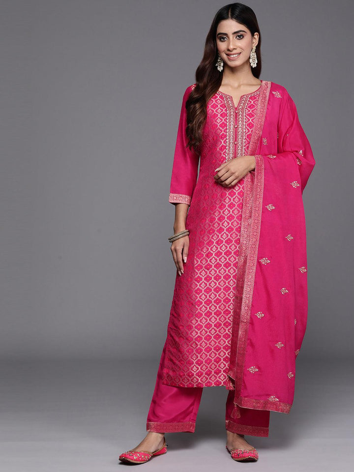 Pink Woven Design Silk Blend Straight Suit With Dupatta