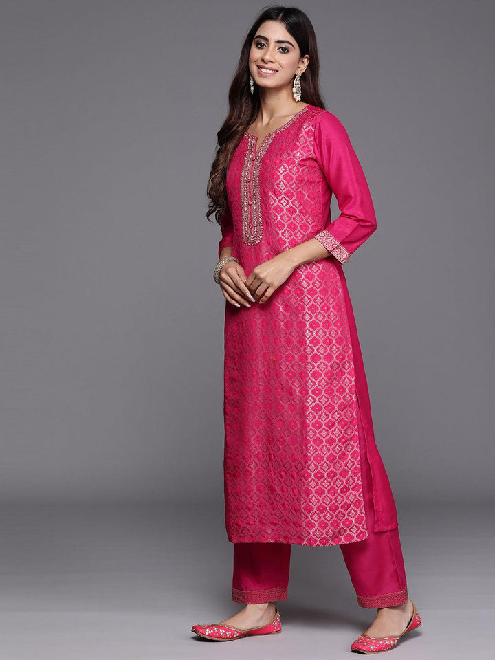 Pink Woven Design Silk Blend Straight Suit With Dupatta