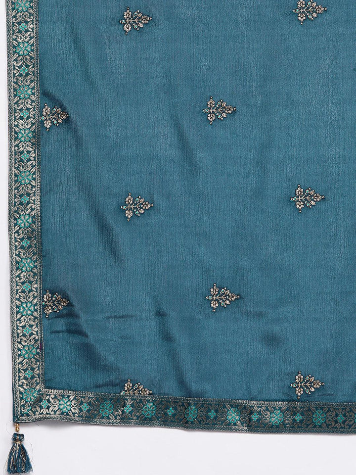 Teal Woven Design Silk Blend Straight Suit With Dupatta