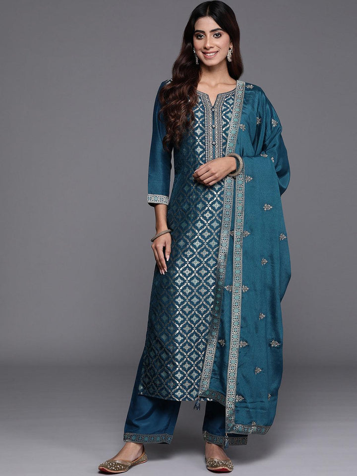 Teal Woven Design Silk Blend Straight Suit With Dupatta