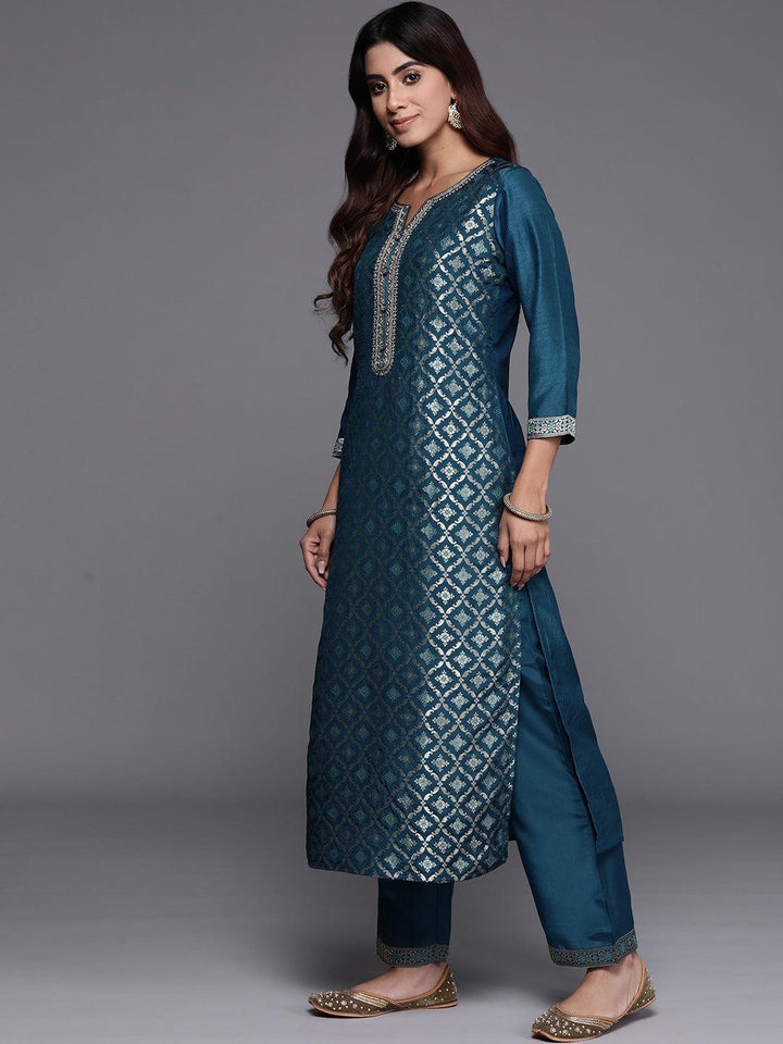 Teal Woven Design Silk Blend Straight Suit With Dupatta