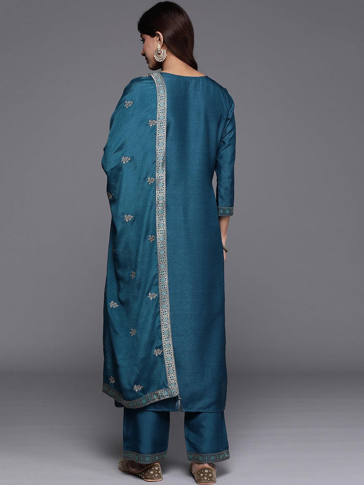 Teal Woven Design Silk Blend Straight Suit With Dupatta