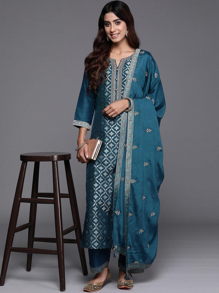 Teal Woven Design Silk Blend Straight Suit With Dupatta