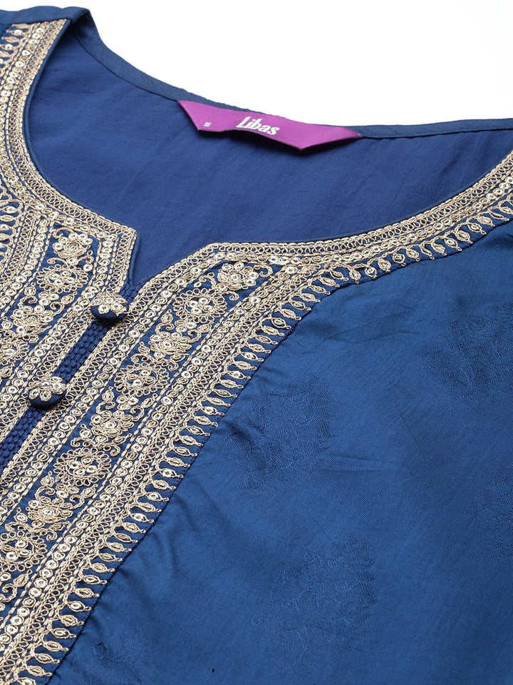 Teal Yoke Design Silk Blend Straight Suit With Dupatta