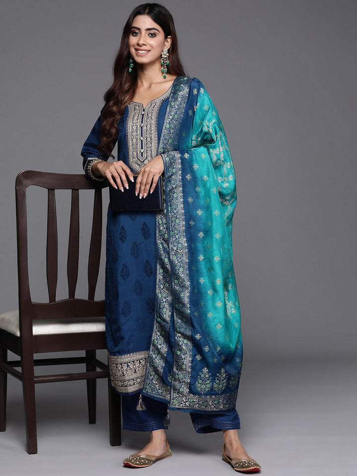 Teal Yoke Design Silk Blend Straight Suit With Dupatta