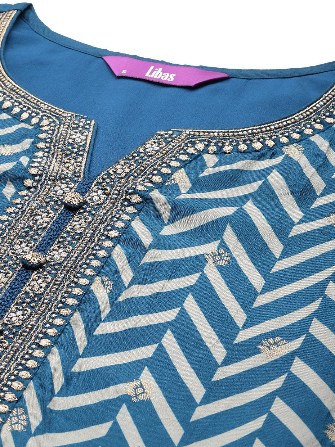 Teal Printed Silk Blend Straight Kurta With Palazzos & Dupatta - ShopLibas