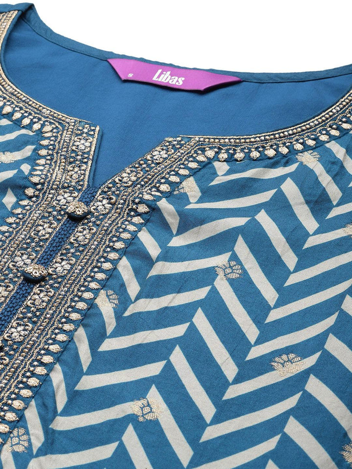 Teal Printed Silk Blend Straight Suit With Dupatta