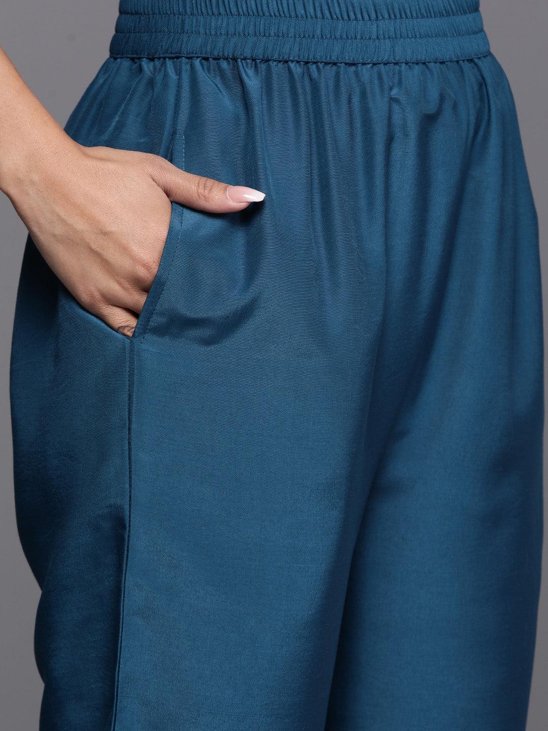 Teal Printed Silk Blend Straight Kurta With Palazzos & Dupatta - ShopLibas