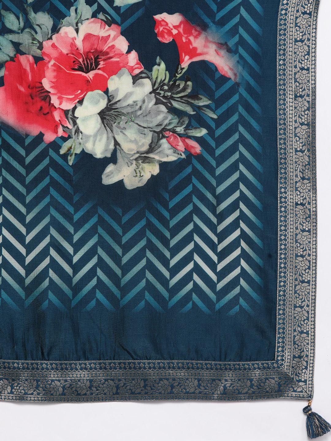 Teal Printed Silk Blend Straight Kurta With Palazzos & Dupatta - ShopLibas