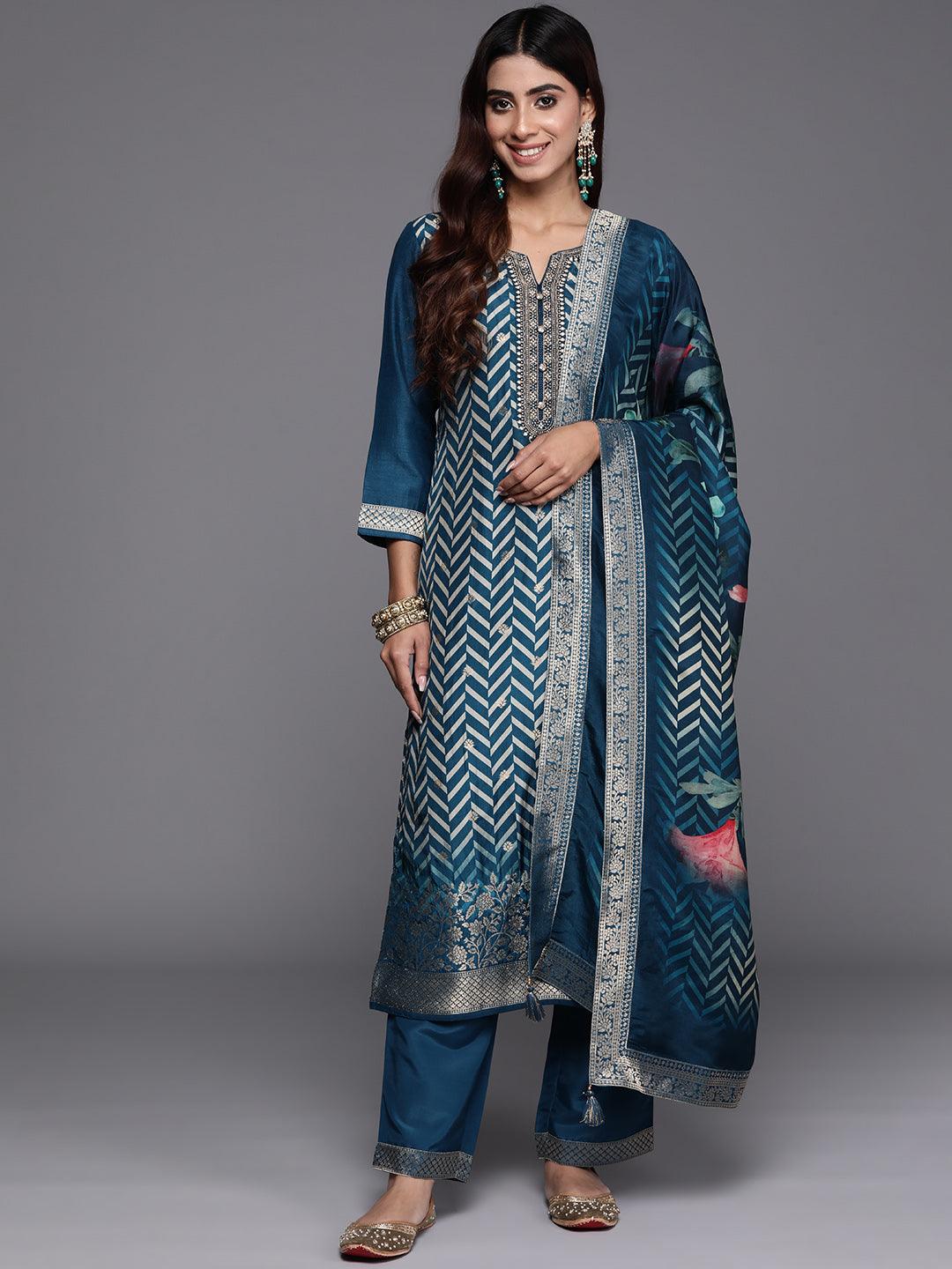 Teal Printed Silk Blend Straight Kurta With Palazzos & Dupatta - ShopLibas