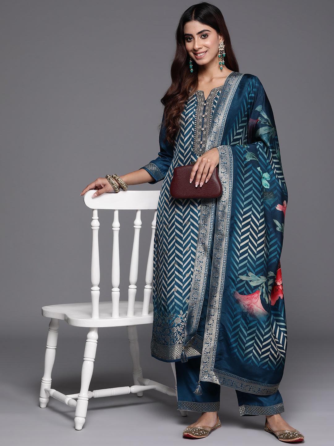 Teal Printed Silk Blend Straight Kurta With Palazzos & Dupatta - ShopLibas
