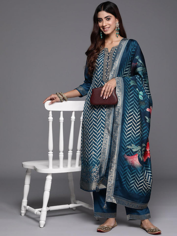 Teal Printed Silk Blend Straight Suit With Dupatta