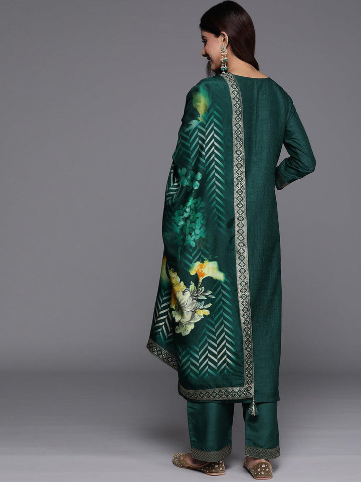 Green Printed Silk Blend Straight Suit With Dupatta