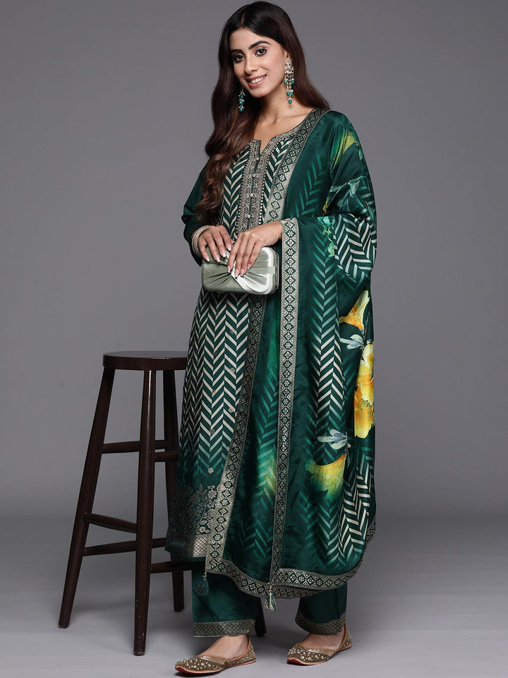 Green Printed Silk Blend Straight Suit With Dupatta