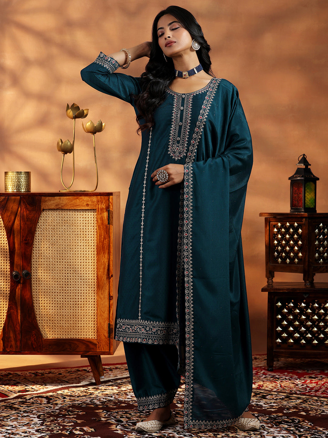 Teal Embroidered Silk Blend Straight Suit Set With Dupatta main image 0