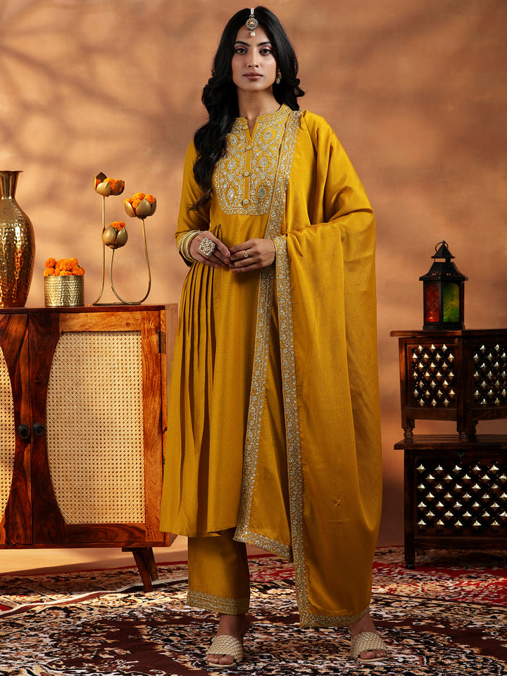 Mustard Yoke Design Silk Blend A-Line Kurta With Palazzos & Dupatta