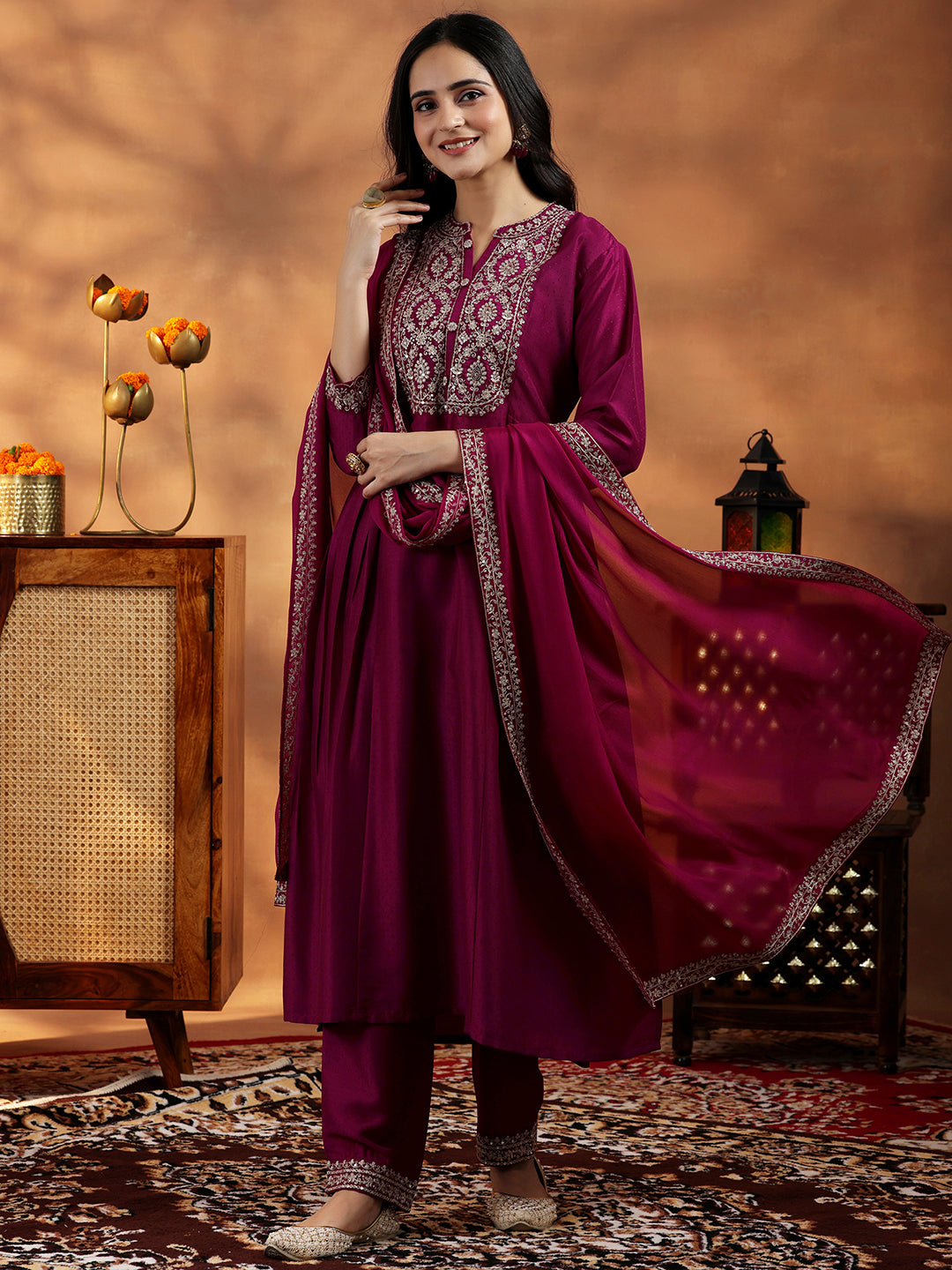 Maroon Cotton A-Line Kurta with Embroidered Yoke & 3/4th Sleeves main image 1