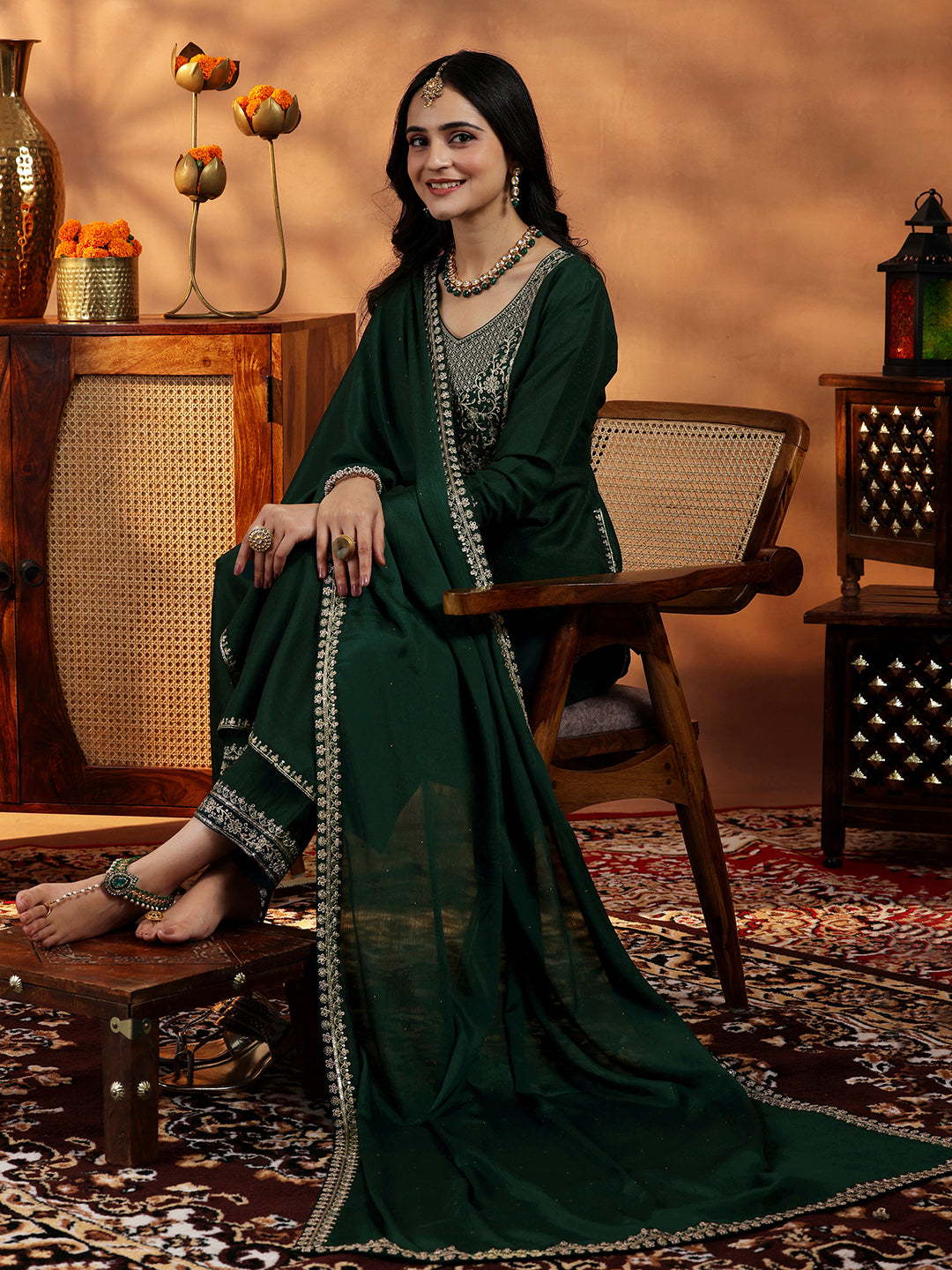 Turquoise Yoke Design Silk Blend Straight Suit With Dupatta