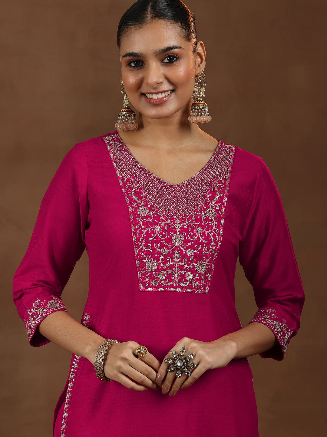 Pink Yoke Design Silk Blend Straight Suit With Dupatta