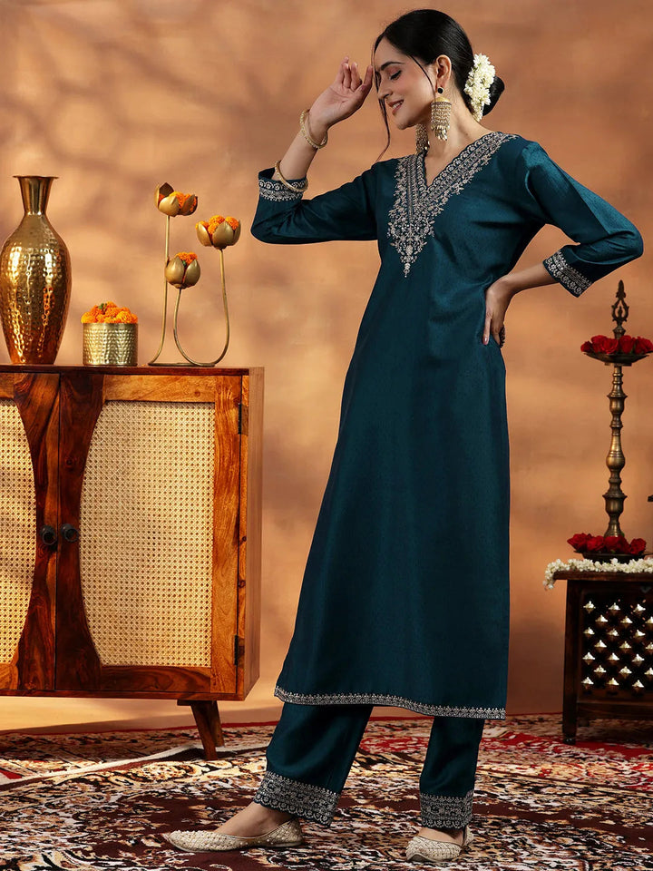 Navy Blue Yoke Design Silk Blend Straight Suit With Dupatta