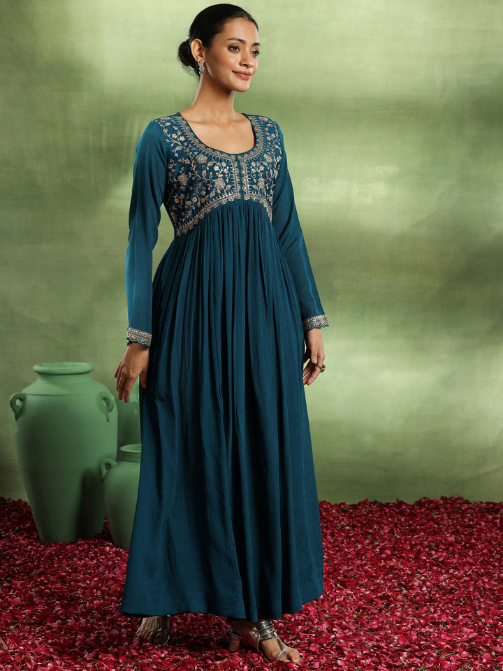 Teal Yoke Design Silk Blend A-Line Kurta With Trousers & Dupatta