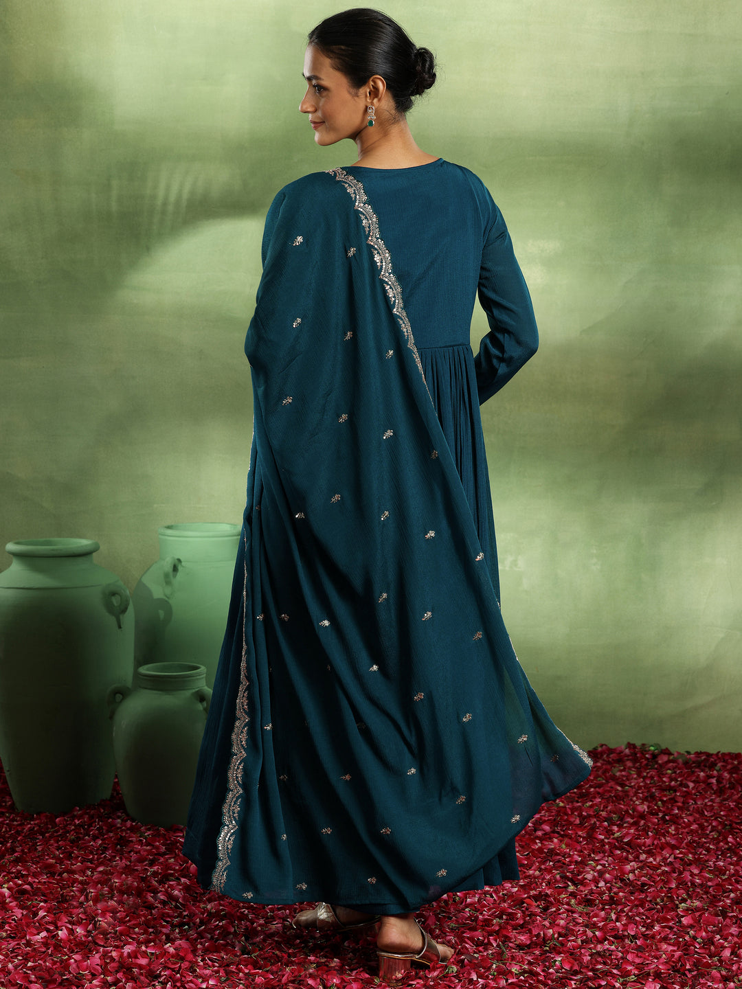 Teal Yoke Design Silk Blend A-Line Kurta With Trousers & Dupatta