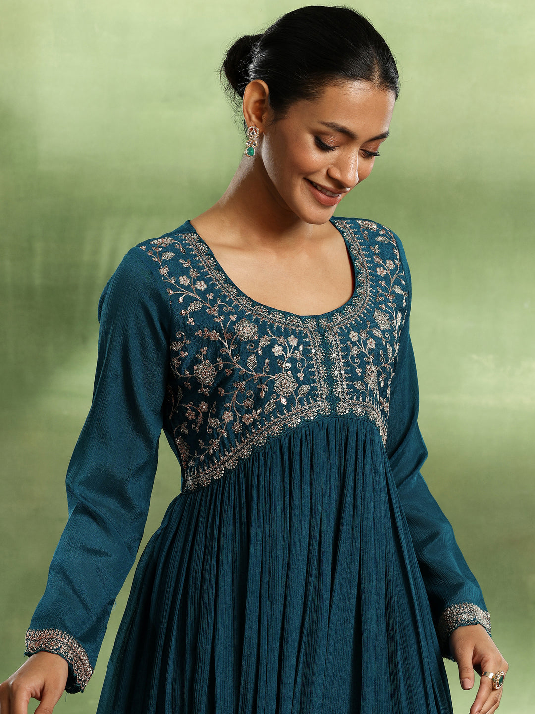 Teal Yoke Design Silk Blend A-Line Kurta With Trousers & Dupatta