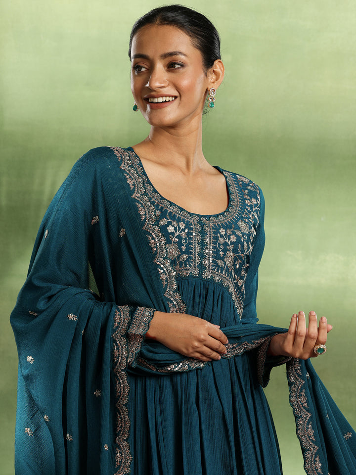 Teal Yoke Design Silk Blend A-Line Kurta With Trousers & Dupatta